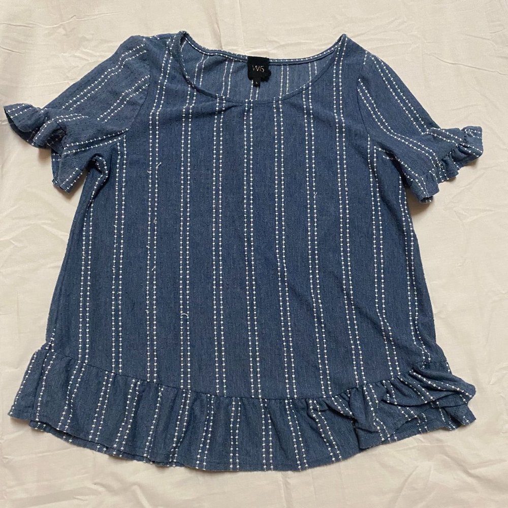 Cozy W5 navy blue white stitch ruffle shirt